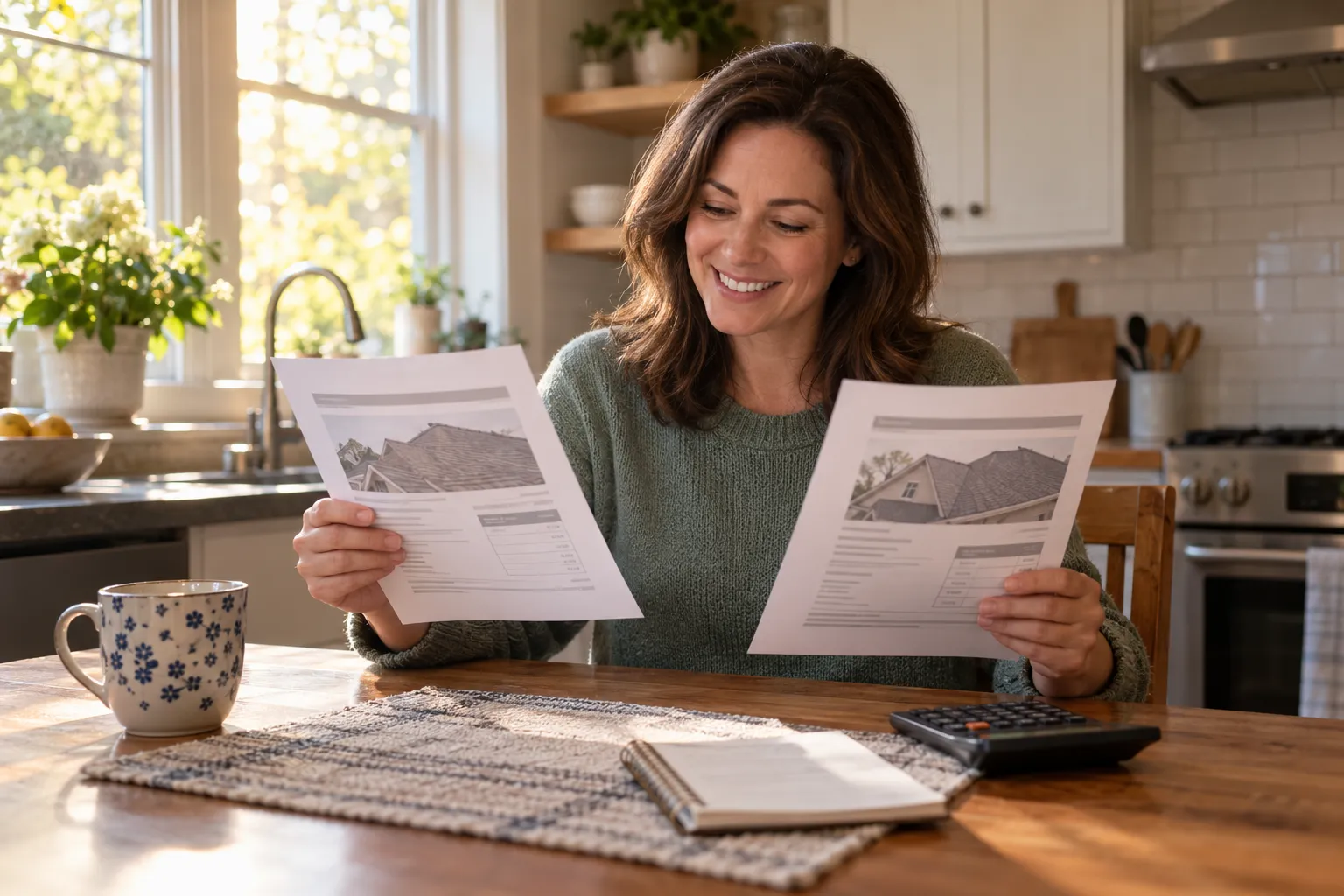 Homeowner reviewing a written roof quote at a kitchen table in the Agawam Town area